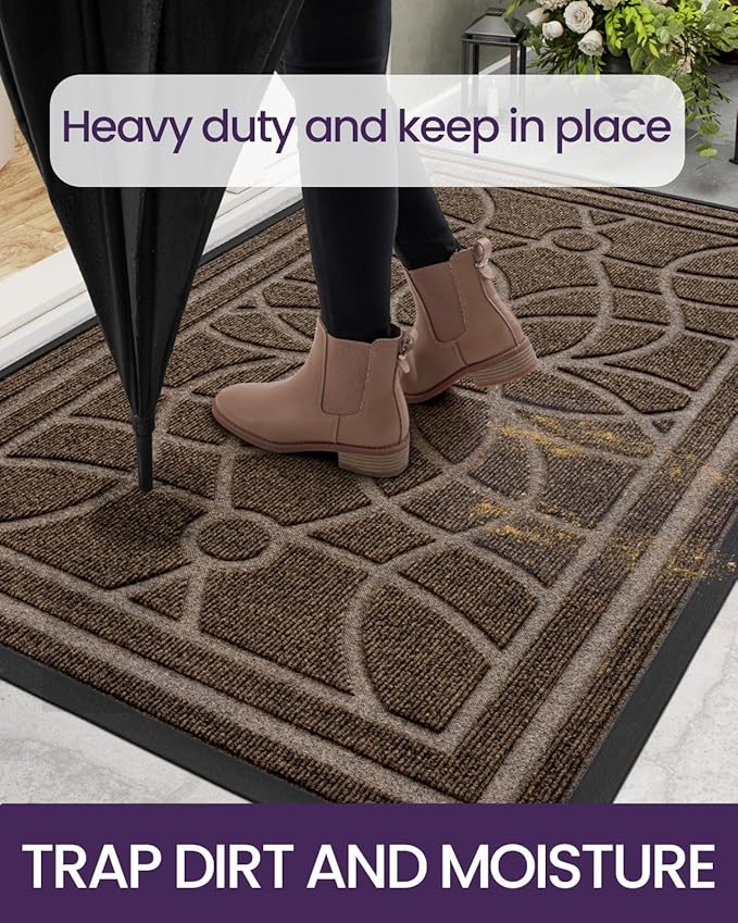 DEXI Front Door Mat Outside Entrance, Heavy Duty Non Slip Low Profile Doormat for Entryway, Trap Dirt and Moisture Welcome Mats, Easy Clean, Patio, Garage, 5x3, Brown