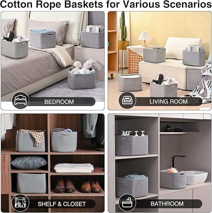Small Storage Baskets for Organizing, Woven Storage Baskets for Shelves, Cotton Rope Basket for Storage, Cute Rectangular Book Toy Grey Basket, 12.7"×9.1"×7.9", 4 Packs, Grey