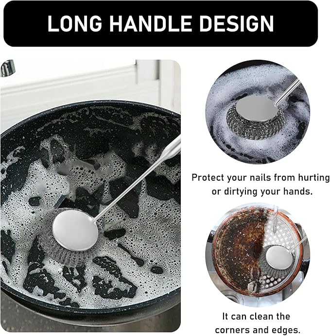 Stainless Steel Wool Metal Wire Scrubber Sponge Scouring Pads Brush Set with Handle for Cleaning Dishes,Pots and Pans,Kitchen Cast Iron,Stoves, Sink,Cooking Tools,Silver（9pcs）
