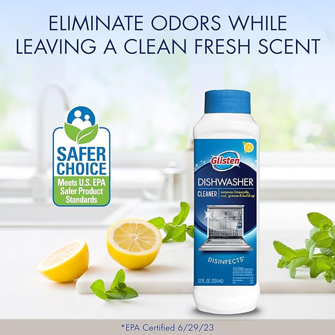 Glisten Dishwasher Cleaner, Removes Limescale, Rust, Buildup, and Grease, Lemon Scent, 12 Ounce Bottle, 6-Pack