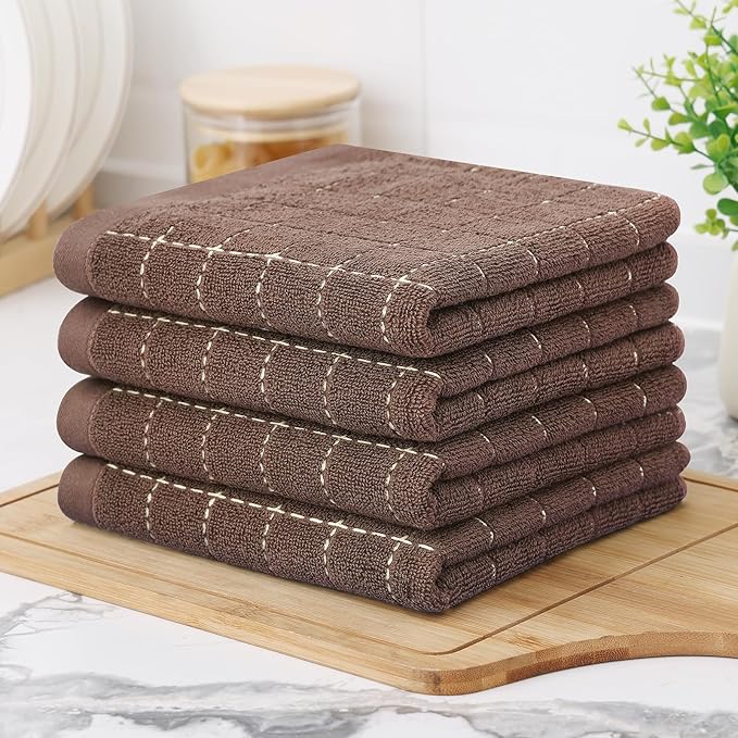 Homaxy 100% Cotton Terry Kitchen Towels(Brown, 13 x 28 inches), Checkered Designed, Soft and Super Absorbent Dish Towels, 6 Pack
