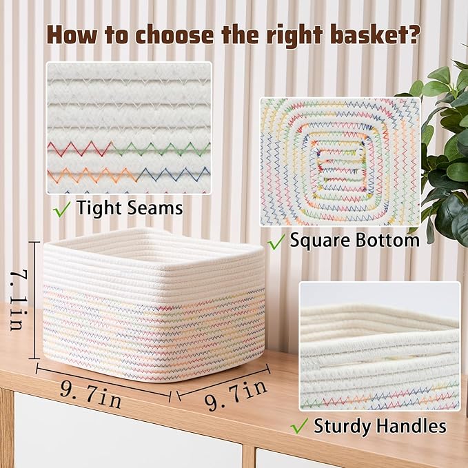 Small Organizing Baskets for Cubes Shelf, 9.7x9.7x7.1 Inch Rope Woven Storage Bins for Nursery Shelves Storage, Cute Toy Basket, Square 3 Packs Off White Rainbow
