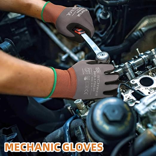 Schwer 12 Pairs Safety Work Gloves with Sandy Nitrile Coating, ANSI A1 Cut Resistant Heavy Duty Working Gloves with Grip for Men Women, Ideal for General Use, Mechanic, Construction, Gardening, M
