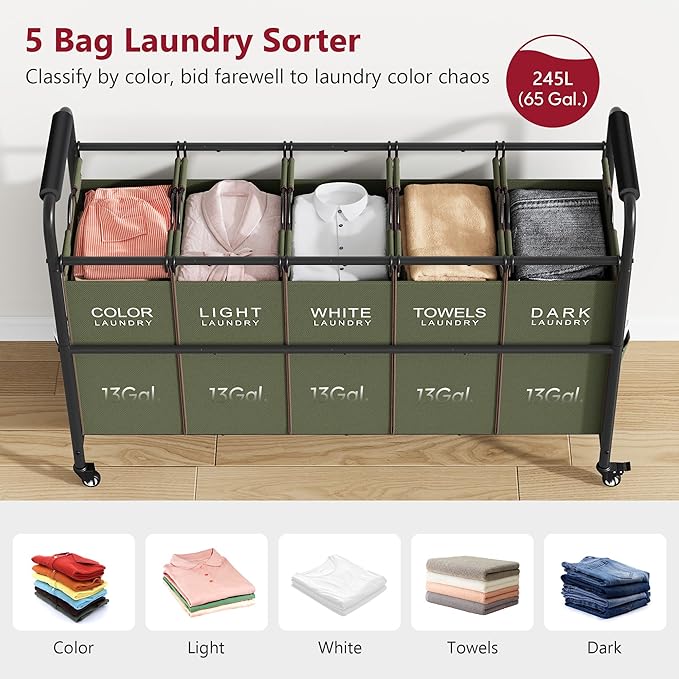 Tajsoon 5 Sections Laundry Sorter, Laundry Hamper with Heavy Duty Lockable Wheels and Removable Bags, 5 Bag Laundry Sorter Cart for Dirty Clothes Storage, Laundry Separator Hamper, Green
