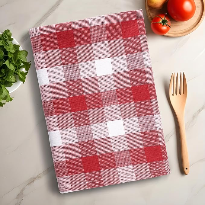 Christmas Kitchen Towels Set of 6 Red/White Checks, Reusable Cotton 20X30 Inches Dish Towel Highly Absorbent Premium Quality Ultra Soft Mitered Corners Kitchen Towels
