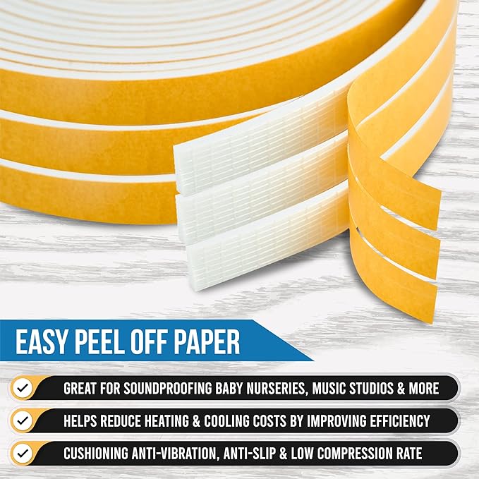 High Density Foam Weather Stripping Door Seal Strip Insulation Tape Roll for Insulating Door Frame, Window, Air Conditioner | Self Adhesive Sealing Weatherstrip (White, 1/2 in x 1/2 in x 30Ft)
