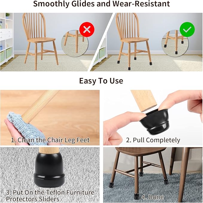 Ezprotekt 24 Pcs Black Chair Leg Sliders for Carpet, Round Teflon Furniture Glides for Rug, Carpet Sliders Protectors Caps for Couch, Dining Chair, Table Legs, Bar Stool Legs (M Fit: 7/8" to 1")