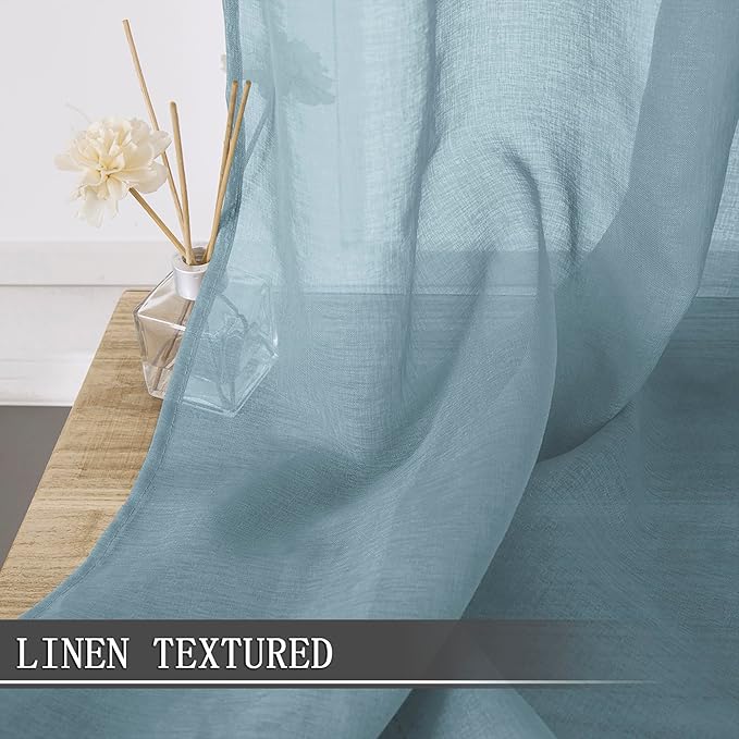 Tollpiz Sheer Tier Curtain Linen Textured Half Kitchen Curtains Sheer Light Filtering Rod Pocket Voile Small Curtains for Bathroom, 25 x 36 inches Long, Dusty Blue, Set of 2 Panels