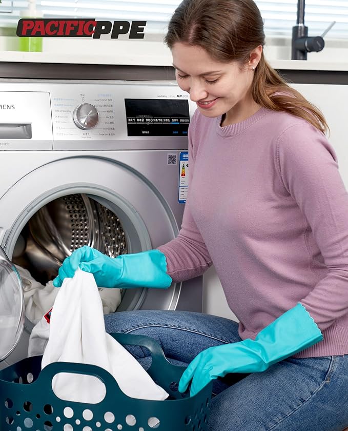 PACIFIC PPE 4 Pairs Reusable Dishwashing Cleaning Gloves, Household, Kitchen, Cotton Liner, Green, Small