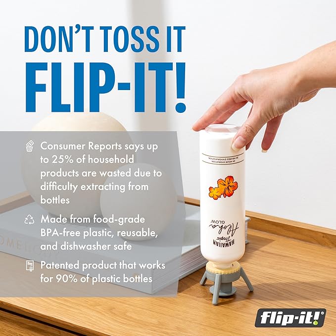 Flip-It! 2-Pack Premium Bottle Emptying Kit – No more wasted product - Fits most plastic bottles – Get out every drop of Shampoos, Lotions, & More – 2 Base Caps, 6 Adapters – Pastel Color Edition
