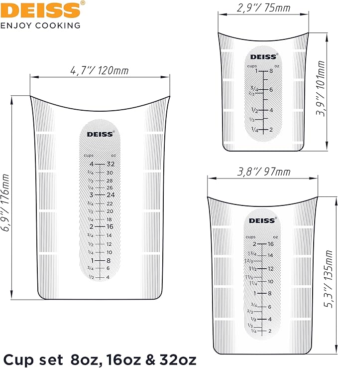 Deiss PRO 3 Piece Silicone Measuring Cup Set - Versatile & Durable, Easy-Pour Spout, Non-Stick for Easy Clean, Heat-Resistant - Squeeze & Pour Liquid Measuring Cups - Ideal for Baking, Cooking, Resin