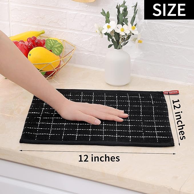 Homaxy 100% Cotton Terry Kitchen Dish Cloths, Ultra Soft and Absorbent Dish Towels for Kitchen, Suitable for Drying and Washing Dishes, 8 Pack, 12 x 12 Inches, Black