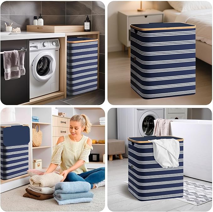 BALEINE Laundry Hamper with Lid, Tall Laundry Baskets with Bamboo Pull Handles, Large Laundry Bin with Internal Support (18 Gal/70L, Blue Pinstripe)