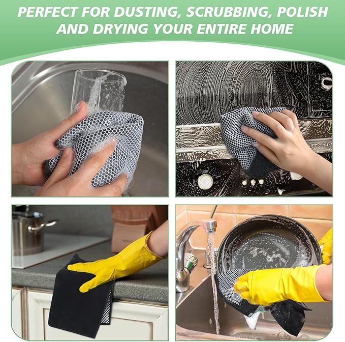 SINLAND Microfiber Dish Cloth for Washing Dishes Dish Washing Rags Best Kitchen Washcloth Cleaning Cloths Wash Cloths with Poly Scour Side 12Inchx12Inch 10 Pack Black