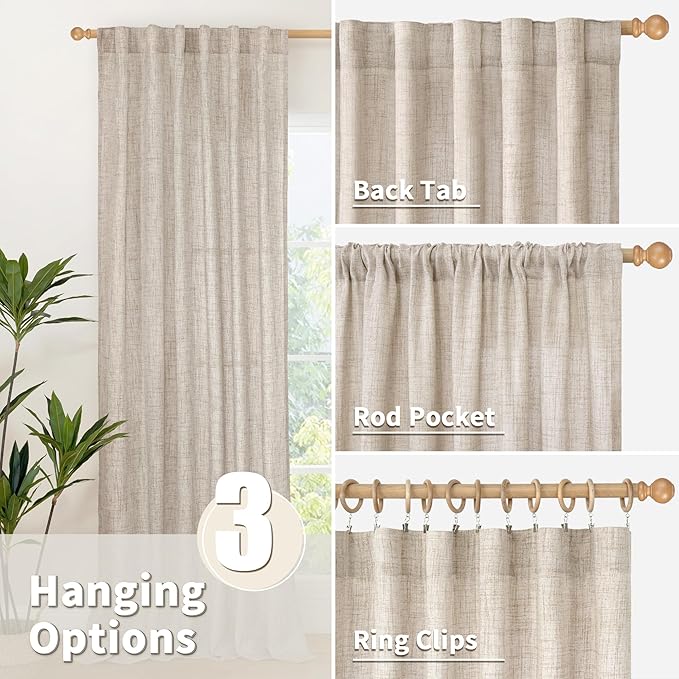 YoungsTex Linen Curtains 48 Inch Length for Kitchen Window, Short Natural Semi Sheer Drapes with Rod Pocket Back Tab for Living Room Bedroom Cafe Bathroom Light Filtering, 2 Panels, 42 X 48 Inch