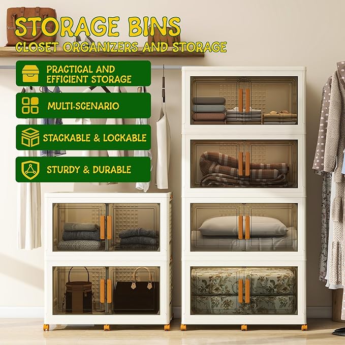 4 Tier Extra Large Stackable Storage Bins with 1 Lid 205 QT/Tier, Collapsible Plastic Box Storage Bin with Wheels, Home Containers Boxes Closet Organizers for Living Room, Office, Dorm