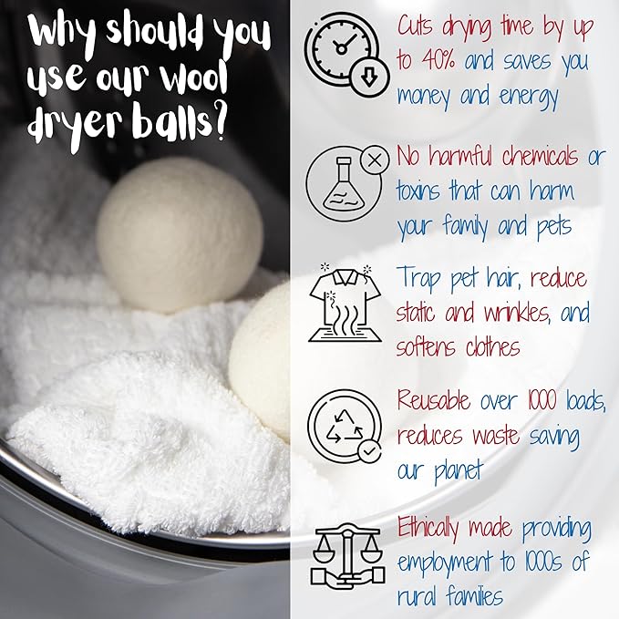 Wool Dryer Balls Organic Premium | Handcrafted Puppy Dog Face Design | 6 Balls XL, Ethically & Humanely Made, Natural Fabric Softener, Laundry Dryer Balls Reusable, Wrinkle Release