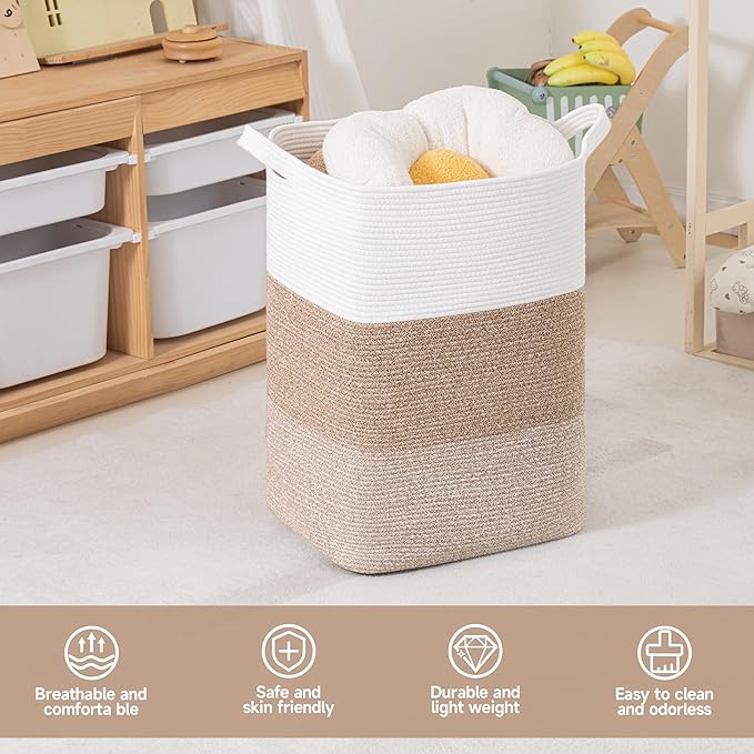 CLHMILY&Z 95L Laundry Basket Rectangular Brown Rope - 16x15x24 Inches - Dirty Clothes and Soft Storage Bin for Blankets, Toys, and Nursery Essentials