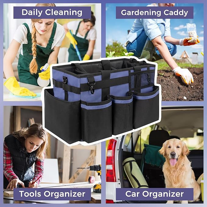 Wearable Cleaning Caddy, Cleaning Caddy Supplies Organizer with Handle & Shoulder Straps for Housekeepers, Under Sink & Car Cleaning Tool Organizers Bag with 4 Foldable Divider (CeruleanBlue)