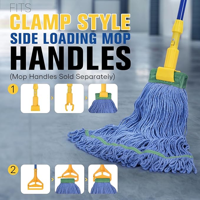 Matthew Cleaning Commercial Mop Head Replacement, 5 Inch Wide Headband, Looped End Cotton Blend String Wet Mops for Floor Cleaning, 18 oz Medium, 6-Pack Blue