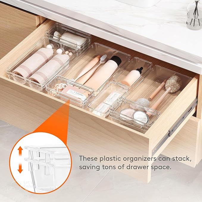 12-Pack Clear Plastic Drawer Organizer Trays – Multi-Use Acrylic Storage Bins for Kitchen, Bathroom, Makeup, Office, School & Undergarments – Perfect for Dorm, Apartment & Home Organization