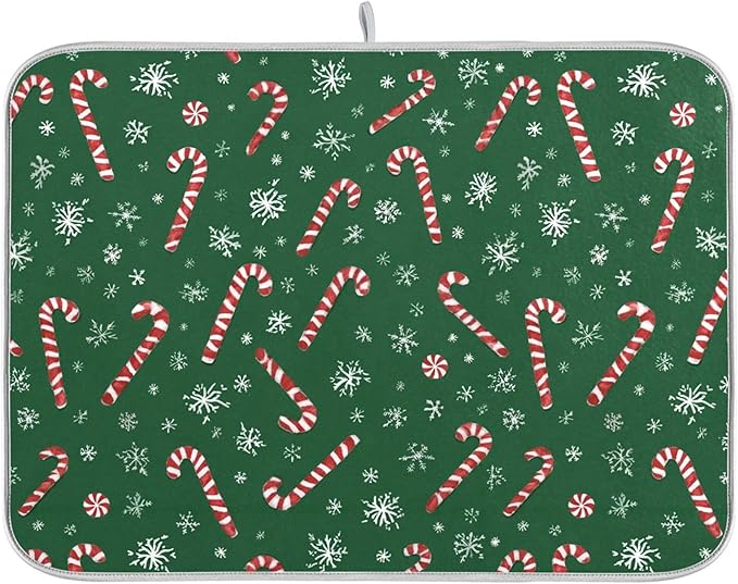 Christmas Candy Cane Dish Drying Mat for Kitchen Countertop 18x24 Winter Snowflake Green Xmas Large Drying Mat Reusable Quick Dry Dish Sink Mats Easy Clean Decorative Essentials