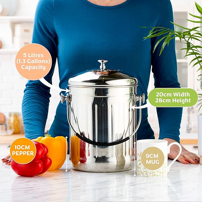 RED FACTOR Premium Compost Bin for Kitchen Countertop - Stainless Steel Food Waste Bucket with Innovative Dual Filter Technology - Includes Spare Filters (Brilliant Steel, 1.3 Gallon)