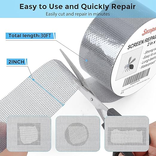 Grey Window Screen Repair Tape, 2IN X 30FT (360IN) Screen Repair Kit for Windows or Doors, Strong Adhesive Patch Kit Fiberglass Mesh Tape