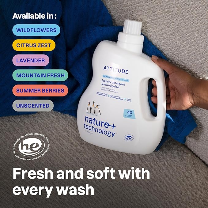 ATTITUDE Liquid Laundry Detergent, EWG Verified, HE Compatible, Plant-Based & Vegan, Natural Laundry Soap, Summer Berries Scent, 40 Loads, 67.6 Fl Oz