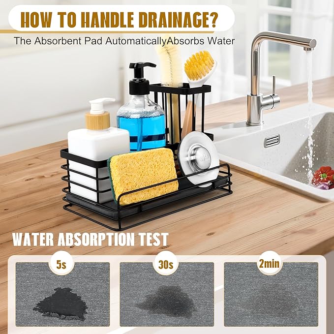 Sponge Holder for Kitchen Sink – Rustproof Sink Caddy & Kitchen Organizer with High Brush Holder, Fast Drying Diatomite Base, 304 Stainless Steel Dish Sponge Rack(Black)