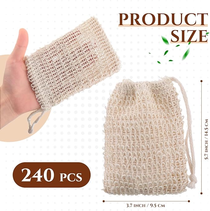 Rtteri 240 Pcs Soap Exfoliating Bag, Natural Sisal Soap Pouch Saver Body Shower Bar Mesh Body Net with Drawstring for Foaming and Drying