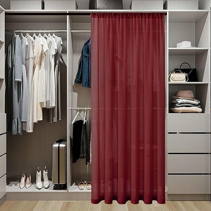 Tollpiz Sheer Curtains Closet Linen Textured Curtain Sheers Doorway Light Filtering Voile Patio Glass Door Rod Pocket Curtains French Door, 54 x 80 inches Long, Burgundy Red, Set of 1 Panel
