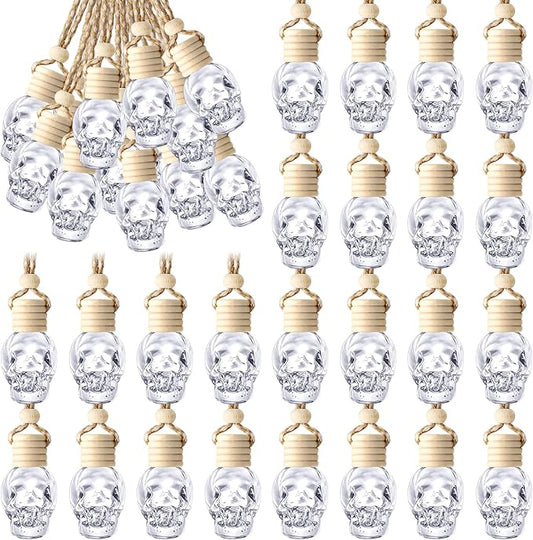 BBTO 50 Pcs Hanging Car Air Freshener Car Diffuser Bottles Empty Glass Perfume Bottle Freshener Diffuser Bottle Pendant for Essential Oil Fragrance Aromatherapy Bottle Ornament(Skull)