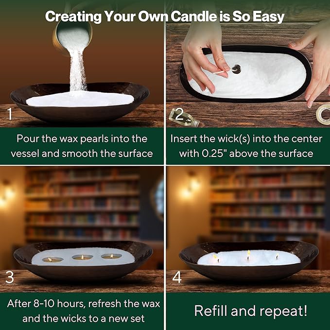 LILY LADUE Candle Refill Kit - 2Lb/32Oz Pearled Candles Sand and Wicks (48) and Hammered Bronze Holder, Reusable Unique Sand Candles with Wicks for Candle Making, Bulk Unscented Pearl Wax Beads