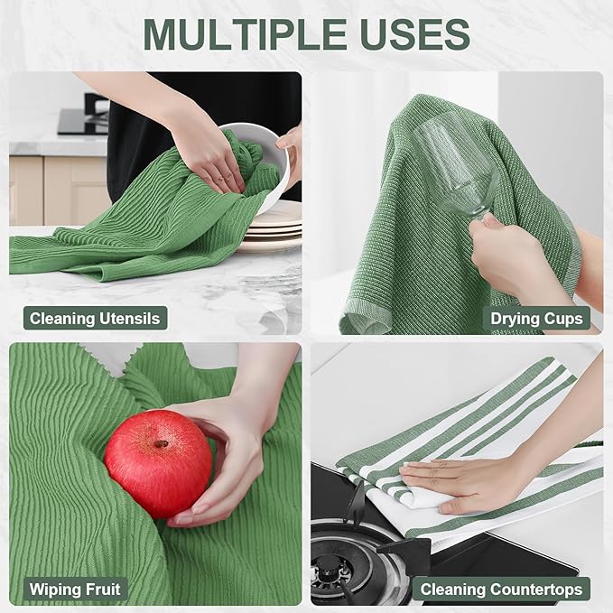 Homaxy Premium Kitchen Towels(18”x 28”, 12 Pack), Large Cotton 380 GSM Kitchen Hand Towels, Soft and Absorbent Terry Dish Towels, Multipurpose Tea Towel Set with Hanging Loop, Grass Green