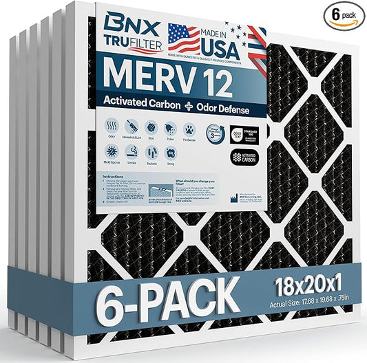 BNX TruFilter 18x20x1 MERV 12 Odor Defense (6-Pack) AC Furnace Air Filter with Activated Carbon - MADE IN USA - Pleated Air Conditioner HVAC AC Furnace Filters - Removes Odor, Mold, Bacteria, Smoke