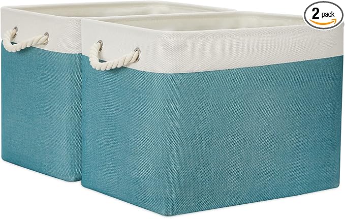 Temary Fabric Baskets Storage Baskets for Organizing 2 Pcs Decorative Baskets for Gifts Empty Collapsible Storage Bins for Home Closet(White&Teal,16Lx12Wx12H Inches)