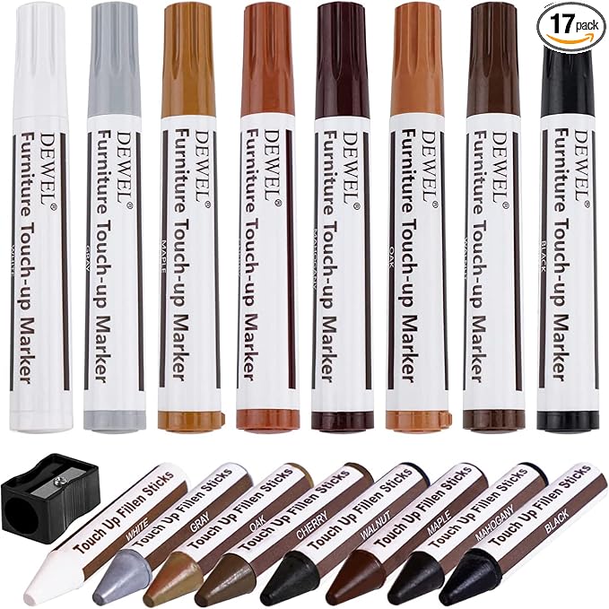 DEWEL Furniture Markers Touch Up, Upgrade Wooden Furniture Repair Kit, Premium Wood Scratch Repair Markers and Wax Sticks for Wood Stains Scratches Hardwood Floors Tables, Set of 17