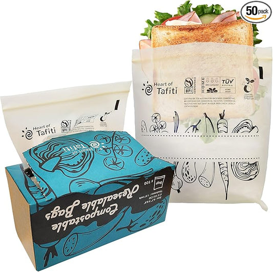 Compostable Food Storage Bags, Resealable Sandwich Bags, 50 Count, 6.7 x 6.8 inches, Extra Thick and Reusable, Eco-Friendly, Certified US BPI ASTM D6400 Europe OK Compost