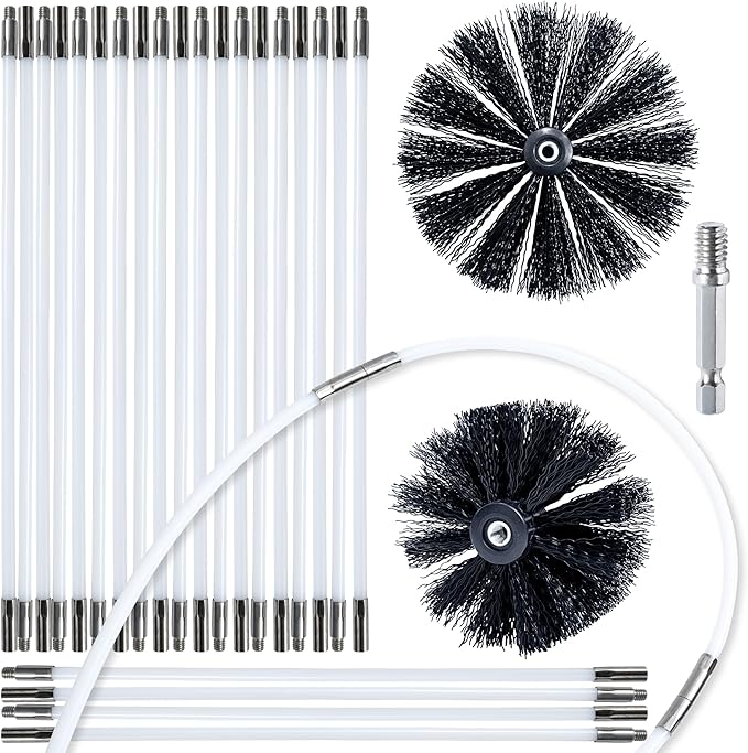 HOKLNUSE Dryer Vent Cleaner Kit Chimney Sweep Cleaning Tools Pellet Stove Cleaner Kit Air Dryer Duct Fireplace Brushes for Easy Lint Cleaning with 4" and 6" Brush Heads (Heavy Duty, 30Feet)