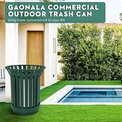 8Gallon Round Large Outdoor Trash Can, Heavy Duty Metal Slatted Garbage Can Outdoor, All Weather Resistant Commercial Garbage Cans, Waste Receptacle in Park, School, Beach, Patio (Green, Medium)