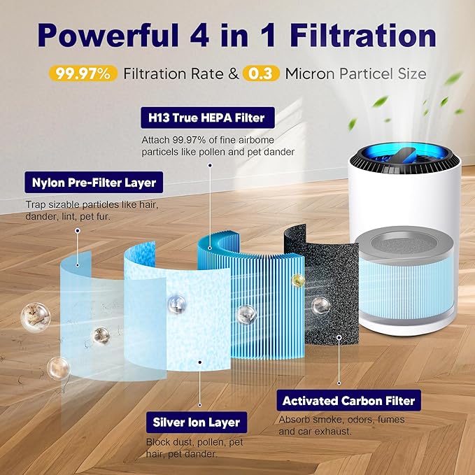 MK01 & MK06 True HEPA Filter Replacement Compatible with Aroeve MK01, MK06, ToLife TZ-K1 and Kloudi DH-JH01 Air Purifier, Standard Version, Blue, 2 Pack