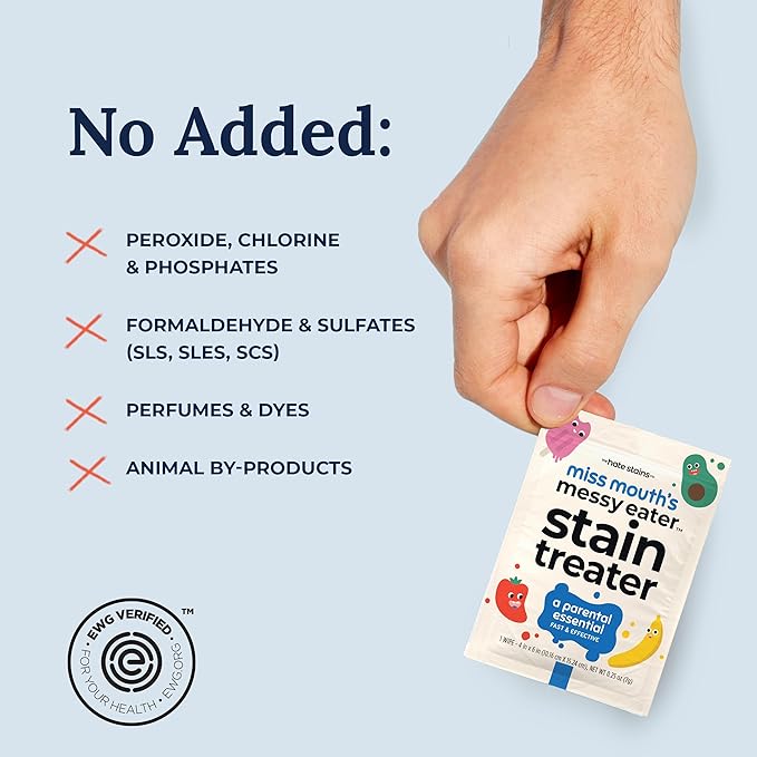 Miss Mouth's Messy Eater Stain Treater Wipes - 25 Pack Stain Remover - Newborn & Baby Essentials - No Dry Cleaning Food, Grease, Coffee Off Laundry, Underwear, Fabric