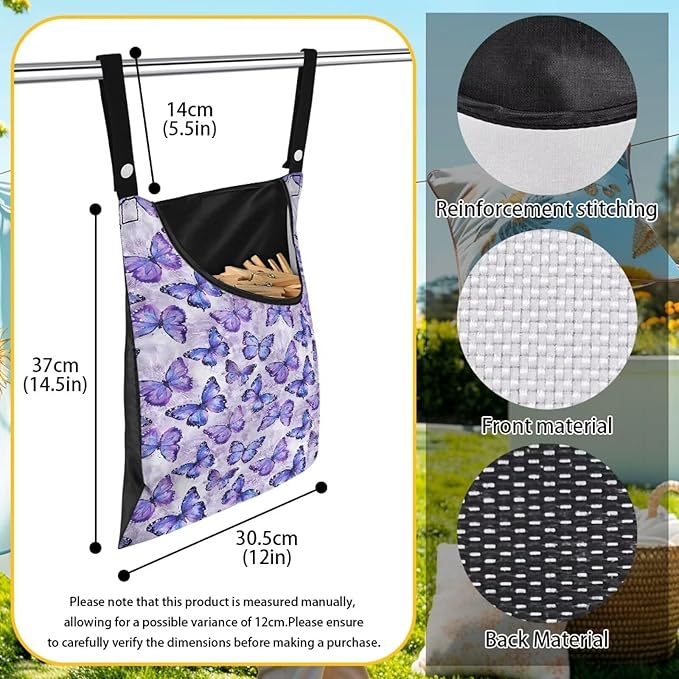 Butterfly Purple Clothespin Bag for Clothesline Outdoor, Soft & Lightweight Hanging Bag for Laundry, Clothes Pins Bag Holder Outdoor, Clothes Pin Bag for Outside