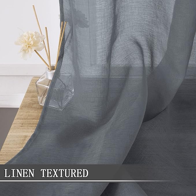 Tollpiz Sheer Curtains Linen Textured Living Room Curtain Sheers Light Filtering Rod Pocket Voile Curtains for Bedroom, 42 x 63 inches Long, Dark Grey, Set of 2 Panels