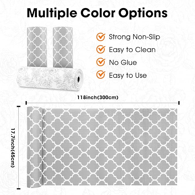 Drawer and Shelf Liner for Kitchen Cabinets Non-Adhesive, Non-Slip Cabinet Liner Shelf Paper Strong Grip Waterproof Easy to Clean for Kitchen Shelves Cupboard, Gray Lantern,17.5IN X 10FT