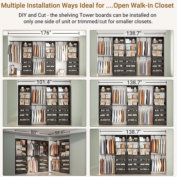 Aheaplus Closet System Set of 3, 138.5" Wood Closet Organizer System Tower with 12 Drawers & 4 Hanging Rods, 6.7+4.85Ft L Shaped Walk-in Closets Wardrobe Organizer Garment Rack with Shelves, Black Oak