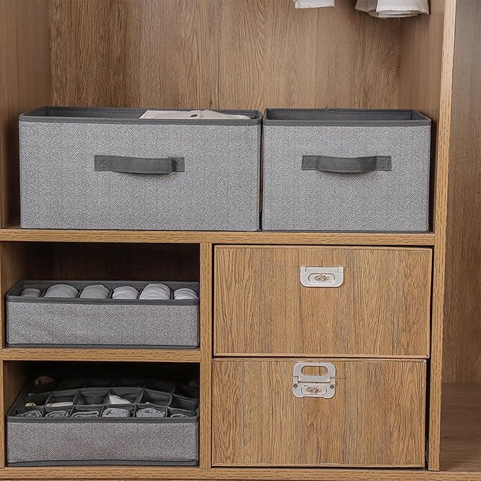 Storage Baskets, 11-Inch Woven Fabric Bins, Storage Cubes with Reinforced Handles, Organizer Bins for Closet Shelves, Foldable, for Toys, Clothes, Natural Beige (2PCS/Grey-11*11*7.8inch)