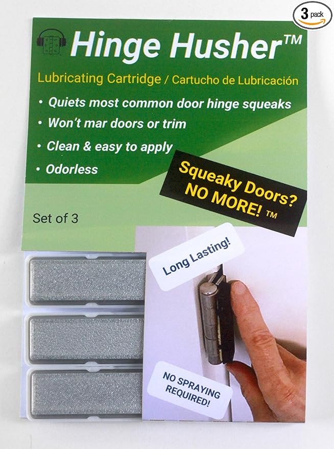 The First-of-Its-Kind Lubricant Cartridge for Squeaky Door Hinges. Mess-Free, Odorless, Sprayless & Prelubricated. Hinge Husher™ Lubricant Cartridges (3 Pack - Silver)