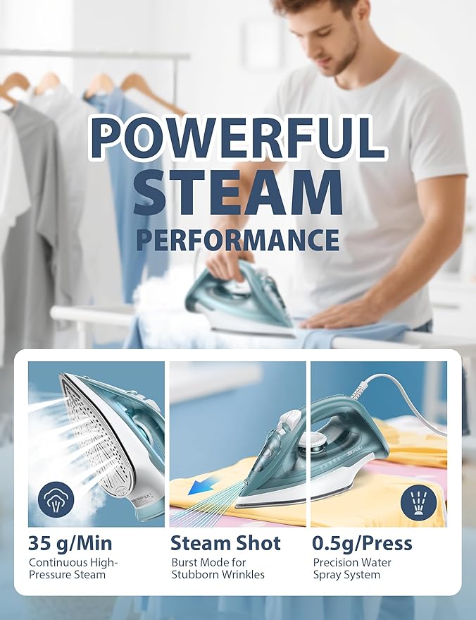 Sundu 1500W Steam Iron for Clothes, Ceramic Nonstick Soleplate for Fast Smooth Gliding, Self Clean, Auto Shut Off, 11.8oz Large Water Tank, Lightweight for Home & Travel Use, Green